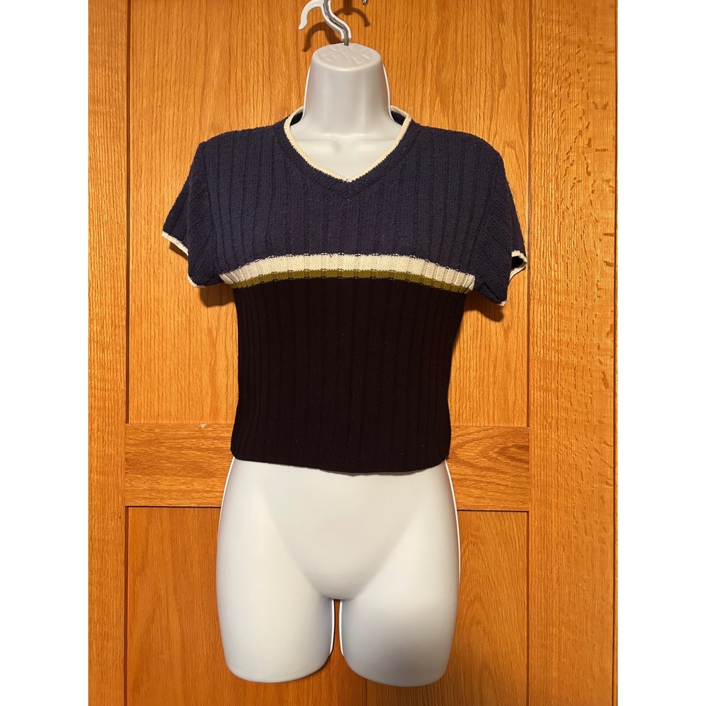 Vintage 90s Navy Black Colorblock Ribbed V-Neck Short Sleeve Cropped Sweater M